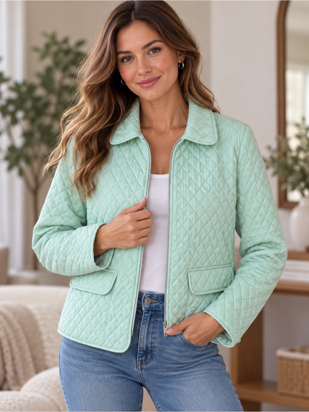 LOFT Quilted Size 14 Mint Green Full Zip Jacket Minimalist Casual Preppy